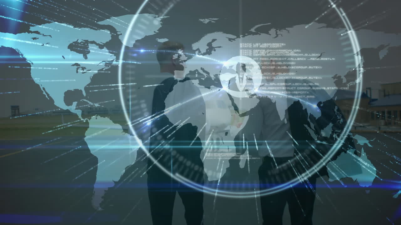 두 명의 백인 조종사가 공항 활주로에서 서로 대화하는 전 세계 프로필 아이콘의 네트워크