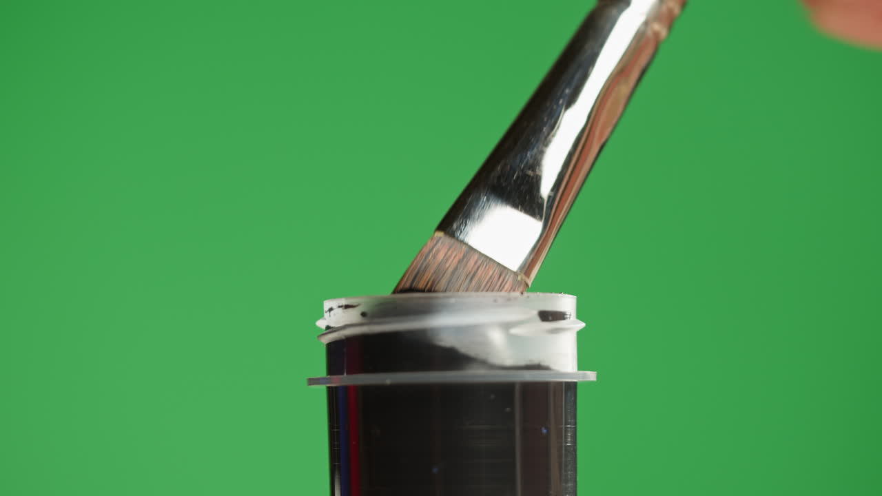 Pennello che si immerge nella pittura nera su green screen