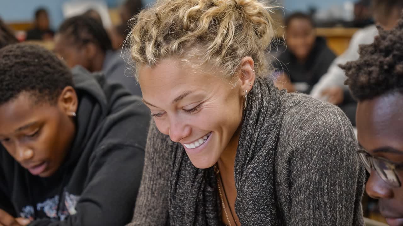 Engaging Learning Moment: A Dedicated Educator's Joyful Interaction with Students in a Classroom Full of Young Minds