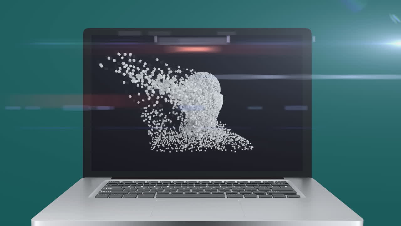 animación de busto humano blanco mostrado en la pantalla de una computadora portátil sobre un fondo verde brillante.