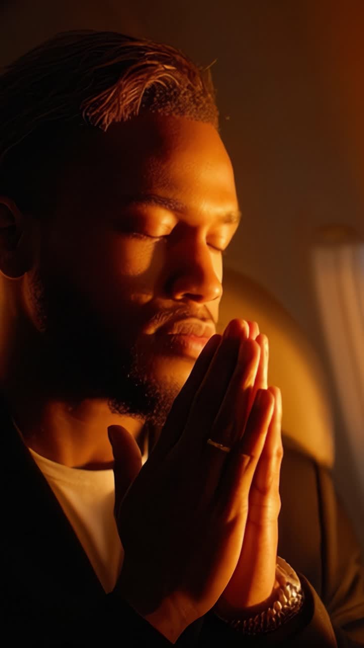 A Moment of Reflection: A Thoughtful Individual Praying with Eyes Closed, Embracing Serene Lighting Inside an Airplane Setting, Expressing Inner Peace and Contemplation