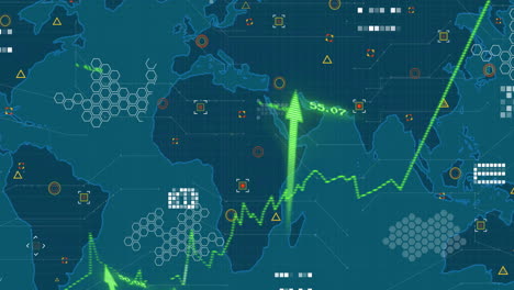 animación de gráfico verde con flechas hacia arriba y procesamiento de datos sobre mapa del mundo azul