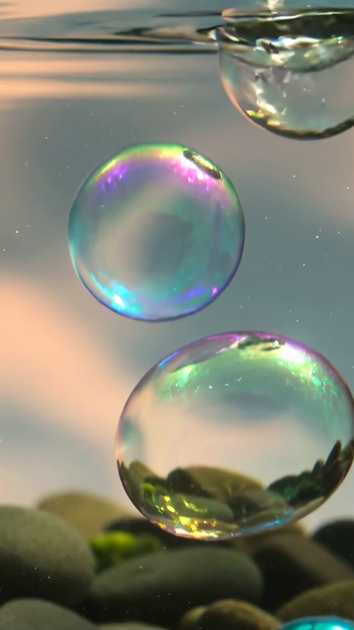 Vertical video: Rising iridescent bubbles leaving pebbles, ascending through tank to water surface