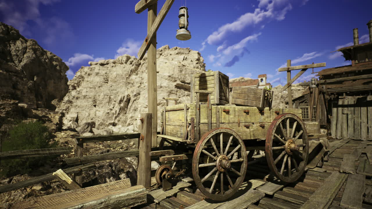 Old wooden cart on a rustic dock under a clear blue sky