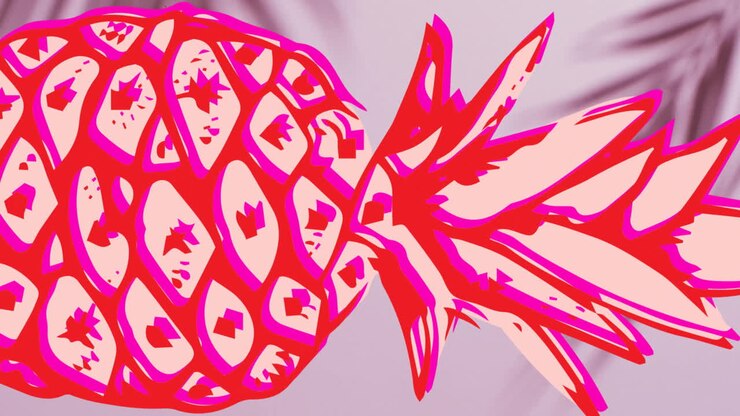 Animazione di ananas rosa su ombra di foglie su sfondo grigio
