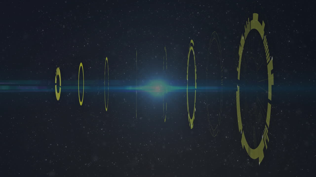 In animation, glowing yellow rings with blue light beam in starry space