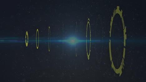 in animation, glowing yellow rings with blue light beam in starry space
