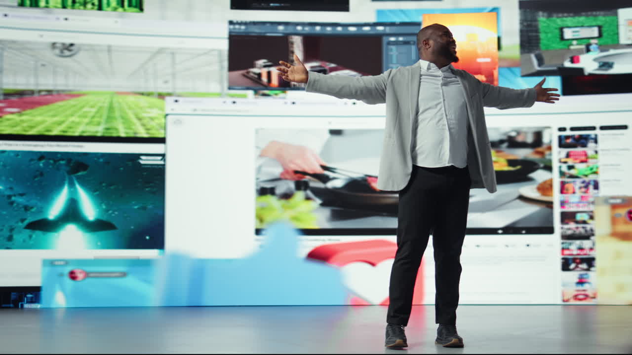 Vertical video Ecstatic viewer celebrating freedom of unlimited video content in virtual space