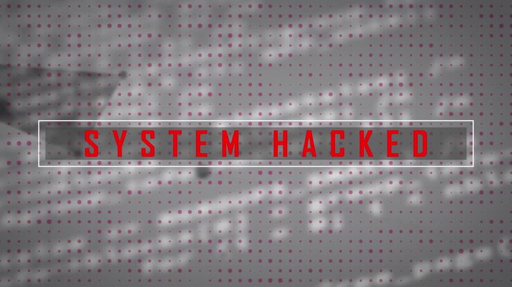 Animation of system hacked text banner, plexus networks and data processing against grey background