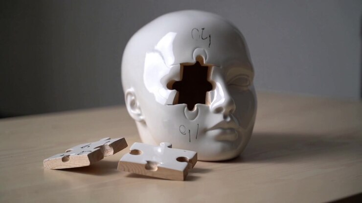 Telecamera in movimento che si avvicina a una testa di ceramica dopo un cambio di inquadratura su un tavolo di legno, per mostrare un ritaglio di puzzle