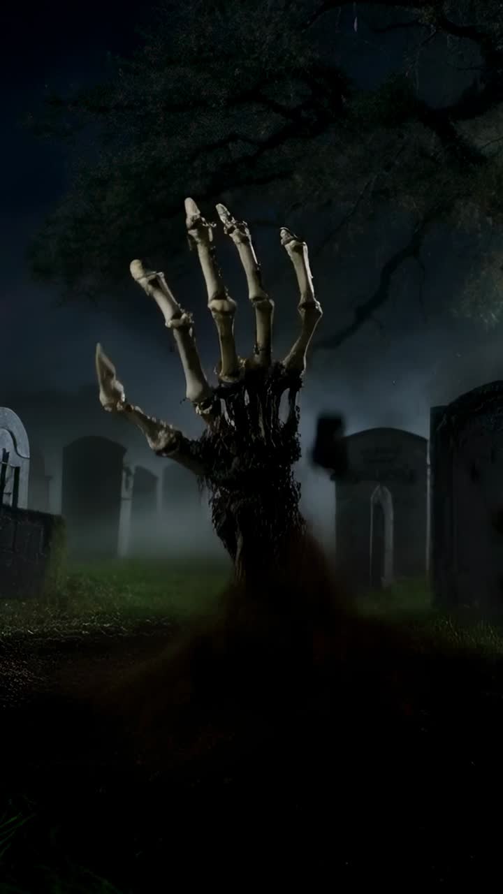 Video verticale: terreno in movimento che spinge una mano scheletrica che esce da una tomba in un cimitero nebbioso vicino alle lapidi