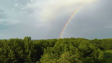 Drohnenschuss-Fliegt-über-Grünen-Wald-In-Richtung-Regenbogen-Am-Himmel