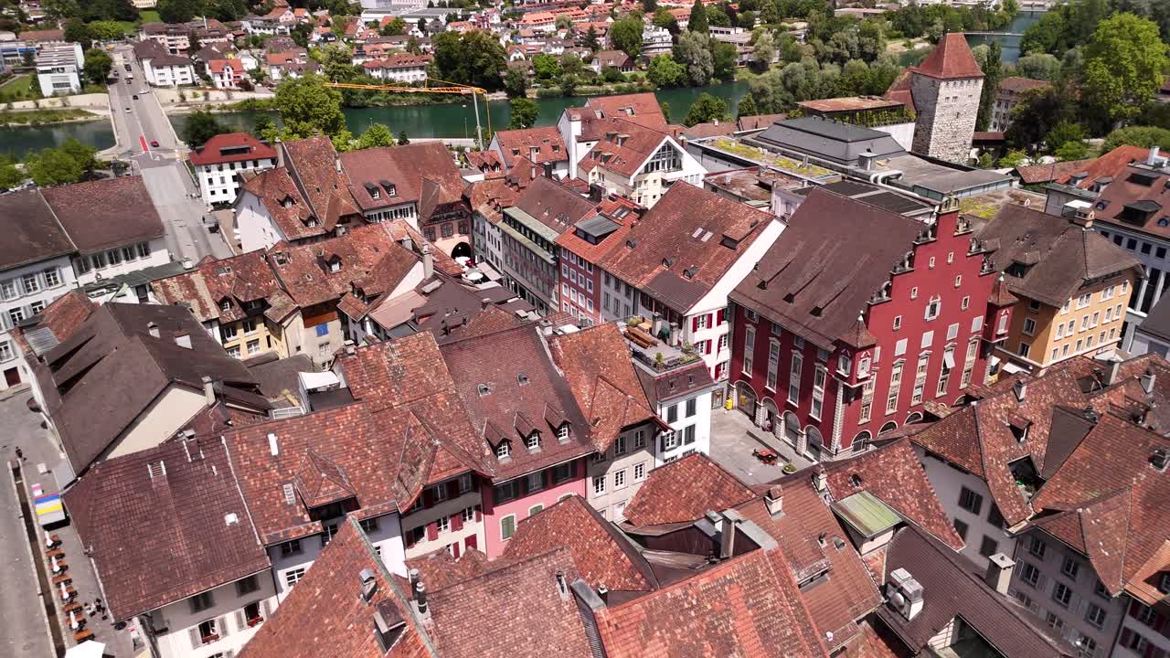 Aarau Switzerland Old town square aerial drone medieval city Europe Swiss