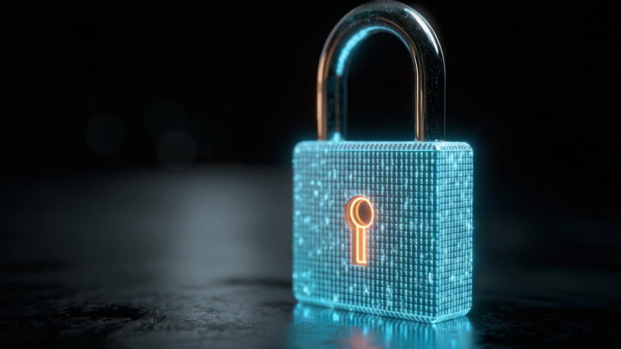 A Glowing Digital Padlock Representing Cybersecurity and Data Protection with Bits of Information Flowing around in a Futuristic Design