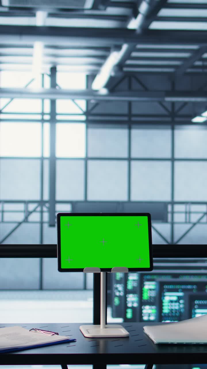 Vertical video Data center team using mockup green screen tablet, reviewing paperwork