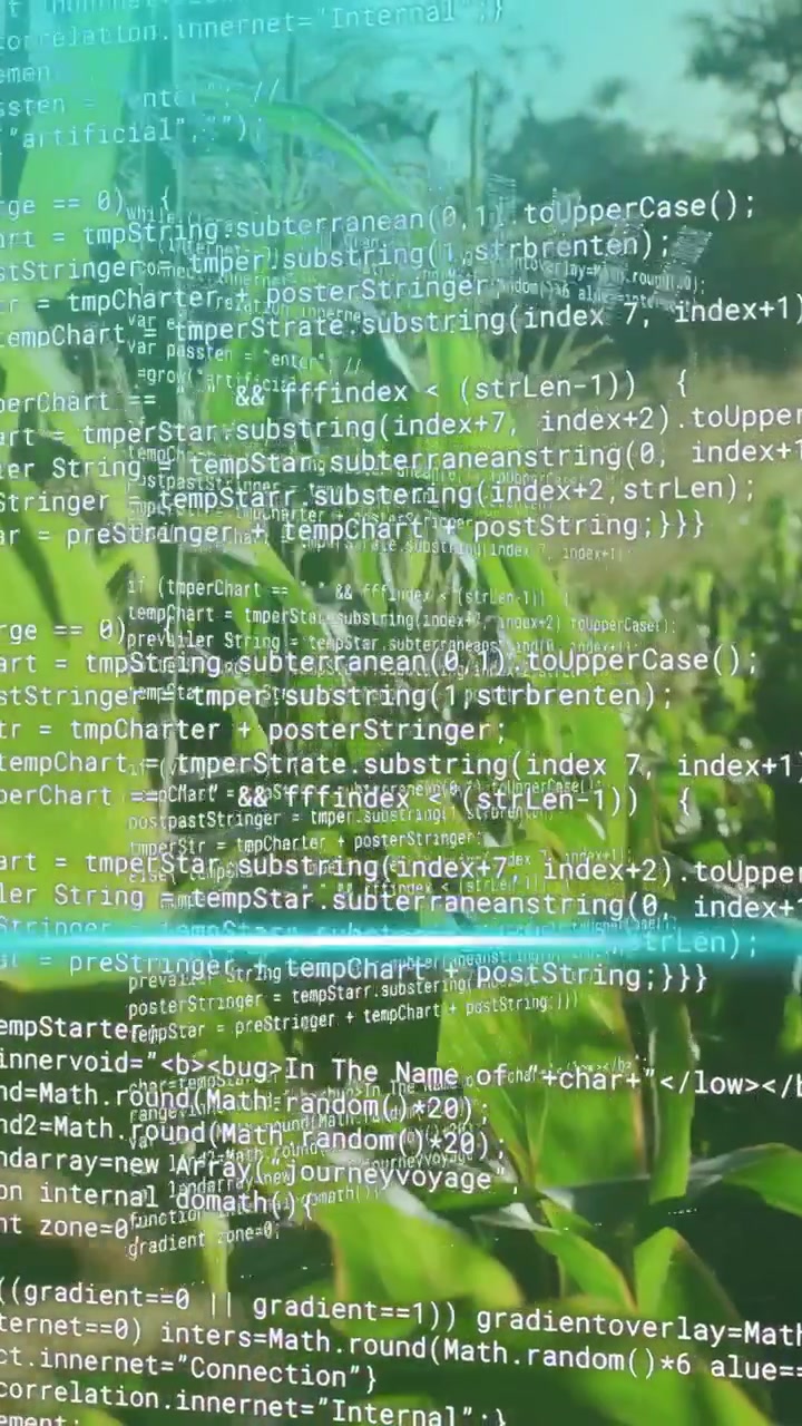 Vertical video: Cyan beam starting code overlay, camera moving toward tassel showing crop data