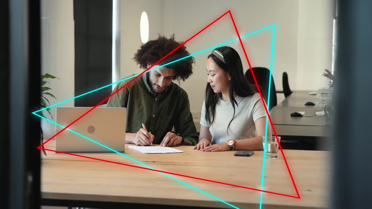 Woman pointing doc starting review man passing pen signing while red cyan overlays framing business