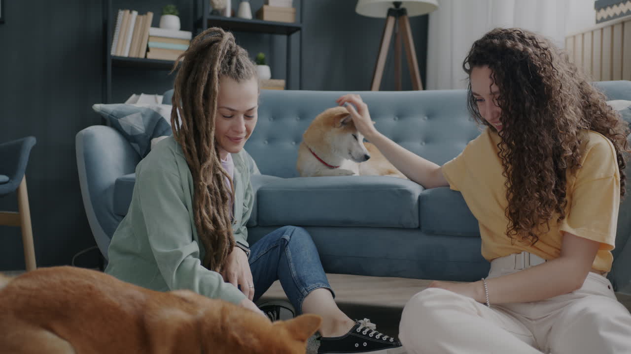 Two women and their dogs playing in living room