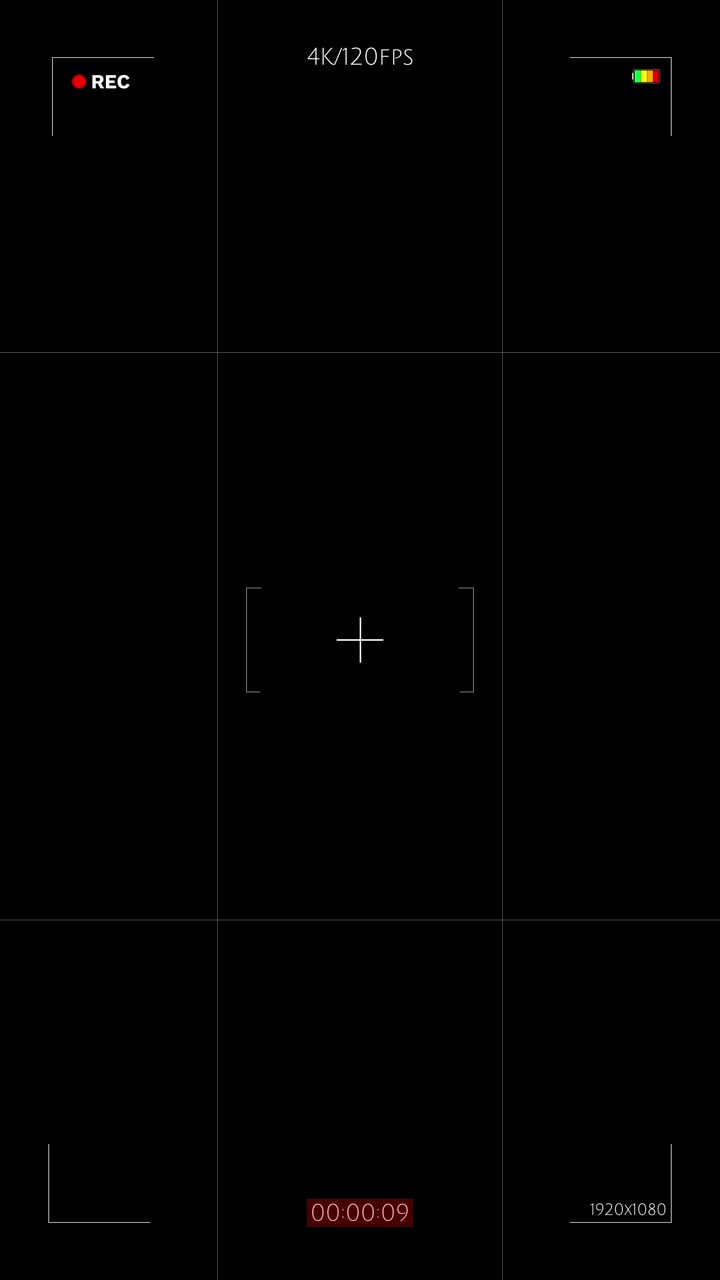 Camera recording viewfinder overlay with rec label focus brackets grid lines time display and black