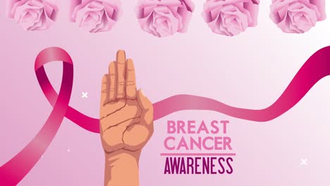 breast cancer lettering animation with hand up and ribbon