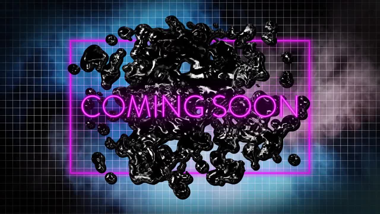 animación de venir pronto texto de neón sobre mancha negra y humo