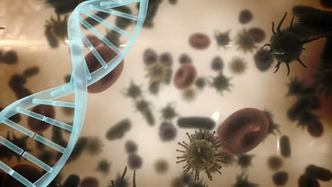 la estructura del adn, los vasos sanguíneos y las células de covid-19 se mueven