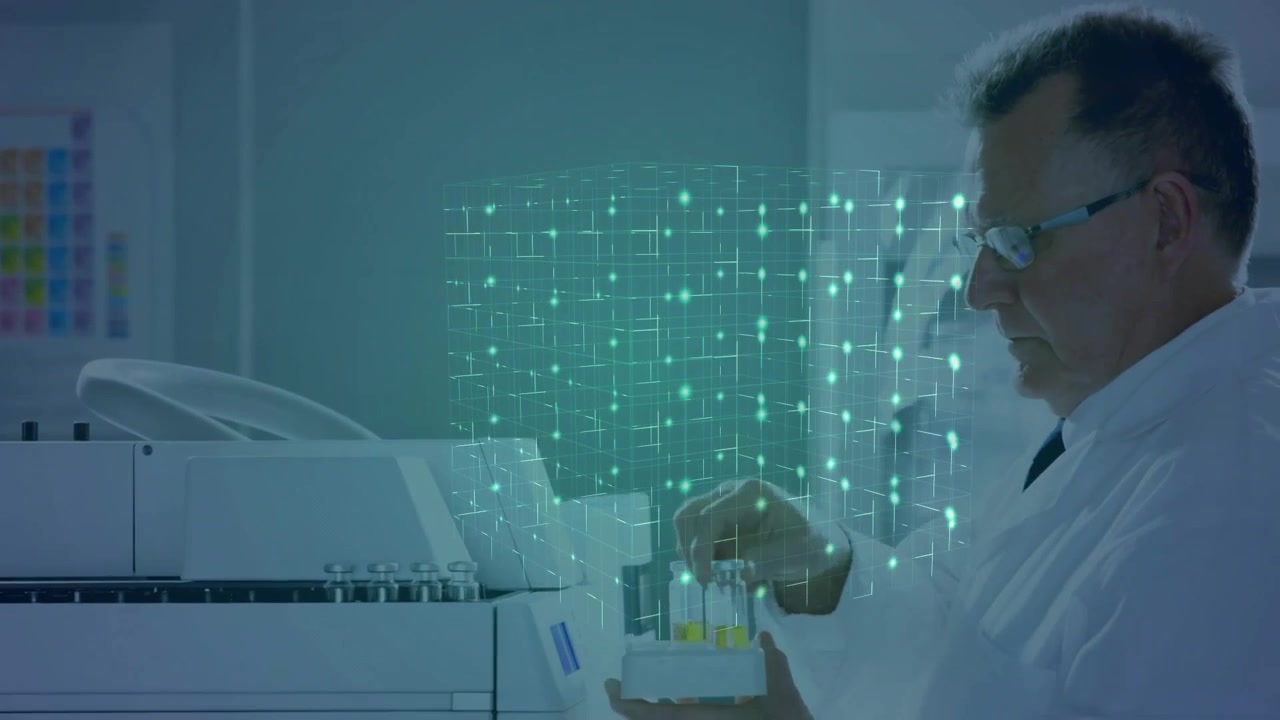 Senior scientist loading vials into lab analyzer with green grid intensifying for sample analysis