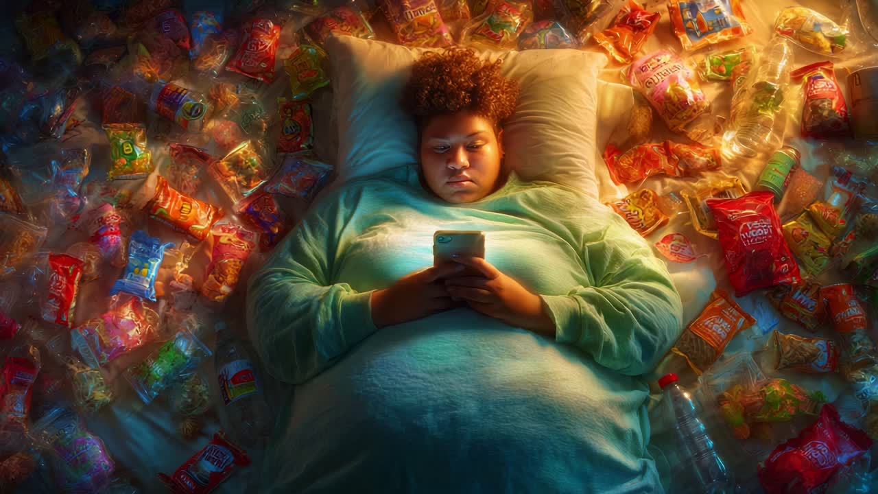 A young person lying on a bed surrounded by a colorful array of snack wrappers, absorbed in a smartphone, reflects the comfort and isolation of modern digital engagement with junk food