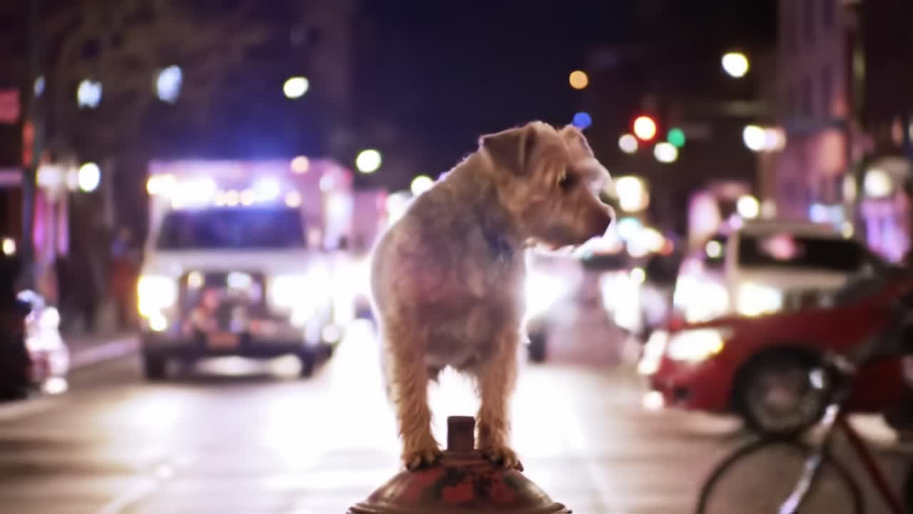 A Brave Canine Stands Proudly on a Fire Hydrant, Overlooking a Bustling Urban Street at Night, Illuminated by Vibrant City Lights Amidst Moving Traffic