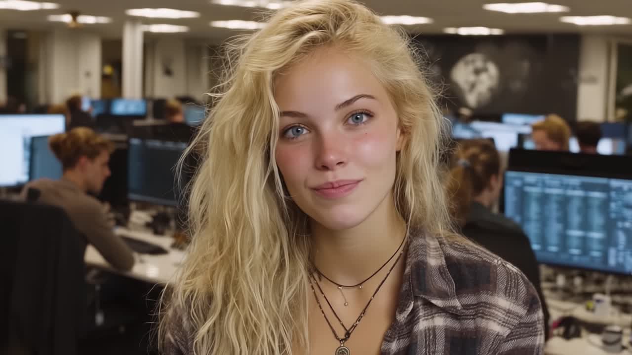 Giovane donna affascinante con bellezza naturale mostra il suo carisma in un vivace ambiente d'ufficio circondata da colleghi che lavorano al computer