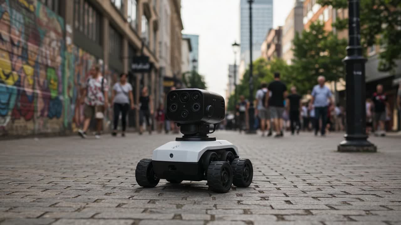 A Small Rolling Robot Navigating a Busy Urban Street, Capturing the Vibrant Life and Movement of Pedestrians in a Modern Environment with its Advanced Sensors