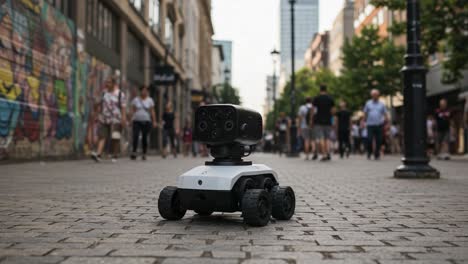 a small rolling robot navigating a busy urban street, capturing the vibrant life and movement of pedestrians in a modern environment with its advanced sensors