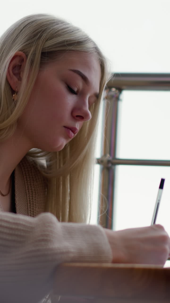 Contemplative lady pauses as she hits pen on table, continues writing, blur of coffee cup and iron rail in background with urban setting visible outside window