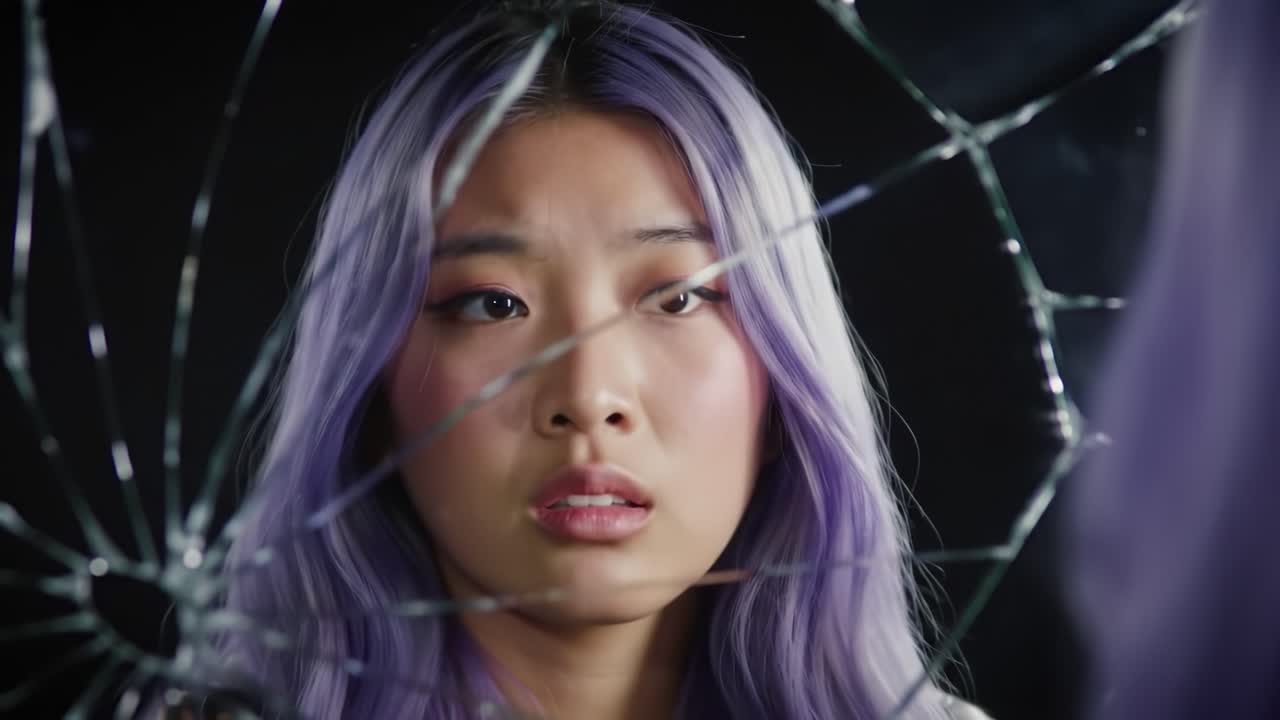 A Reflective Journey: Exploring Emotions Through the Broken Mirror's Perspective in a Stunning Portrait of a Pensive Individual with Unique Hair Color