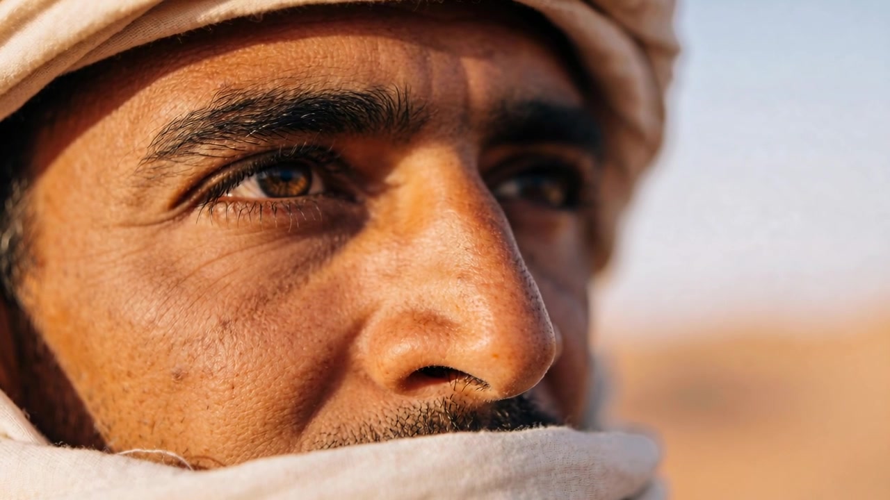 La telecamera si stringe, un uomo con turbante e sciarpa sposta lo sguardo sotto la luce del sole nel deserto, osservando le dune.