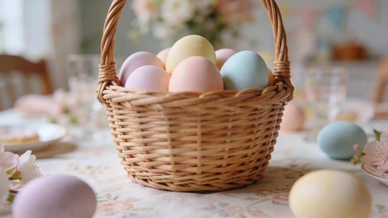 Starting camera moving slowly toward woven wicker basket on dining table, highlighting pastel eggs