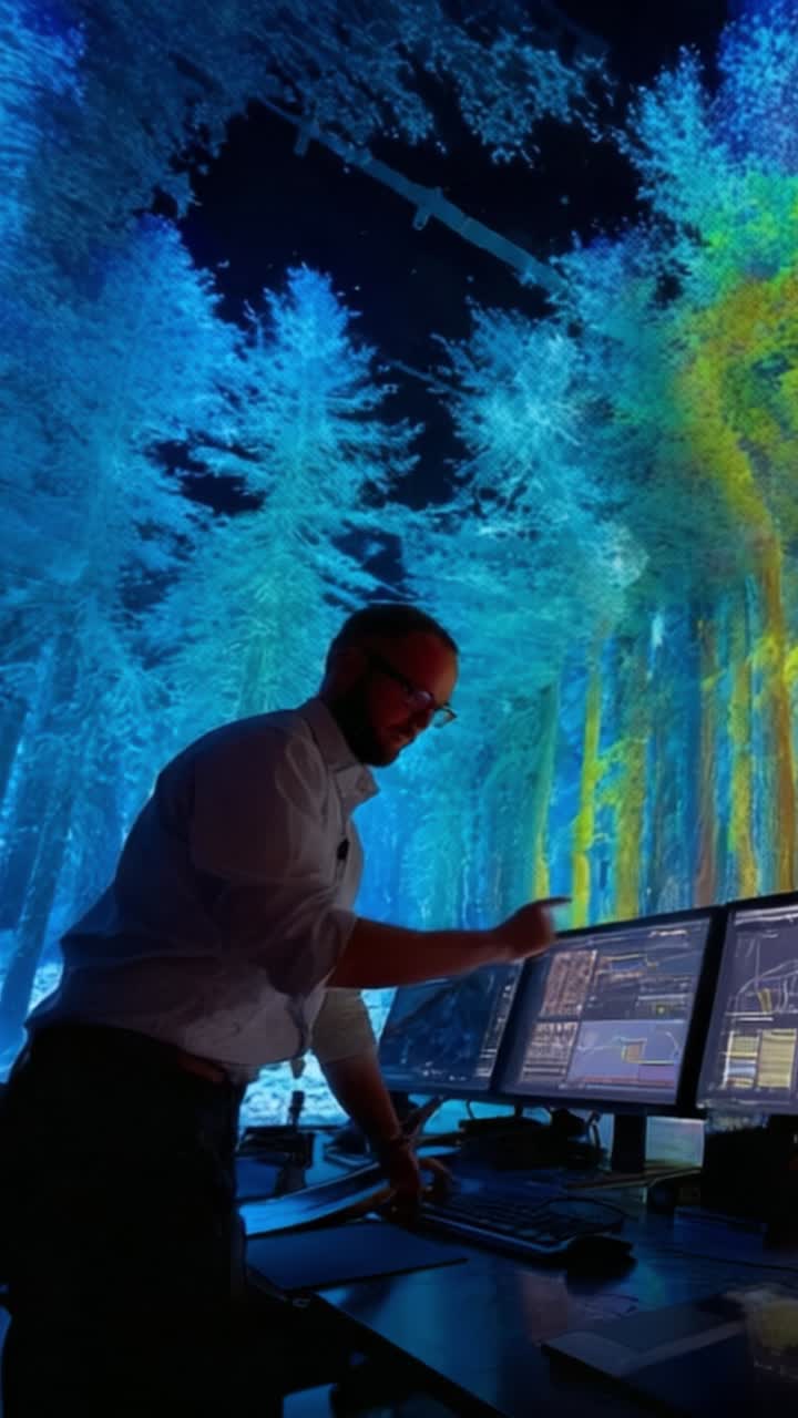 A person interacts with advanced technology in a visually stunning forest environment, showcasing vibrant colors and intricate data visualization on multiple screens