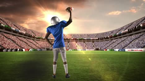 animación de un jugador de fútbol americano sobre un estadio deportivo