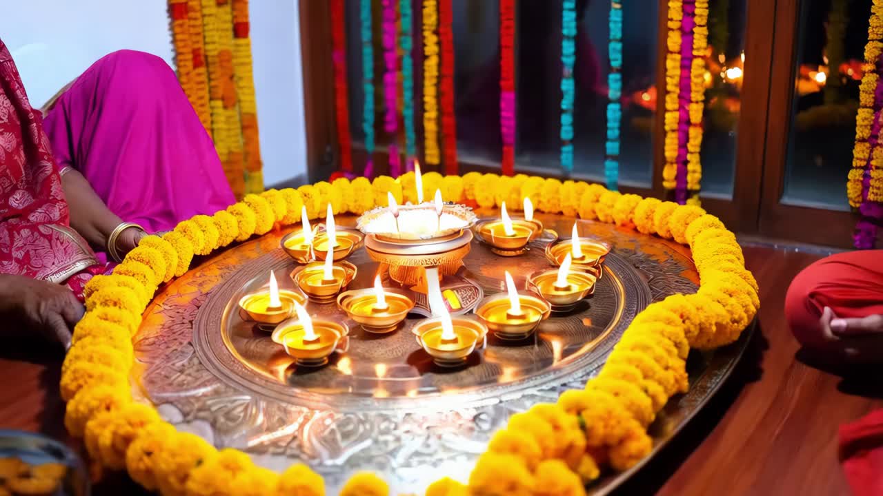 celebración de diwali con la familia y decoraciones tradicionales