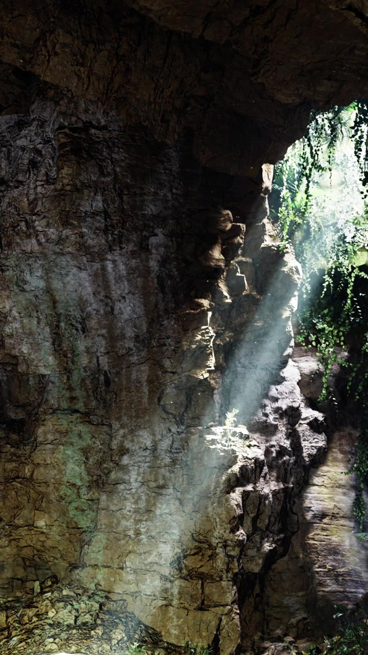 La luce filtra attraverso un'apertura nella roccia in una grotta naturale.