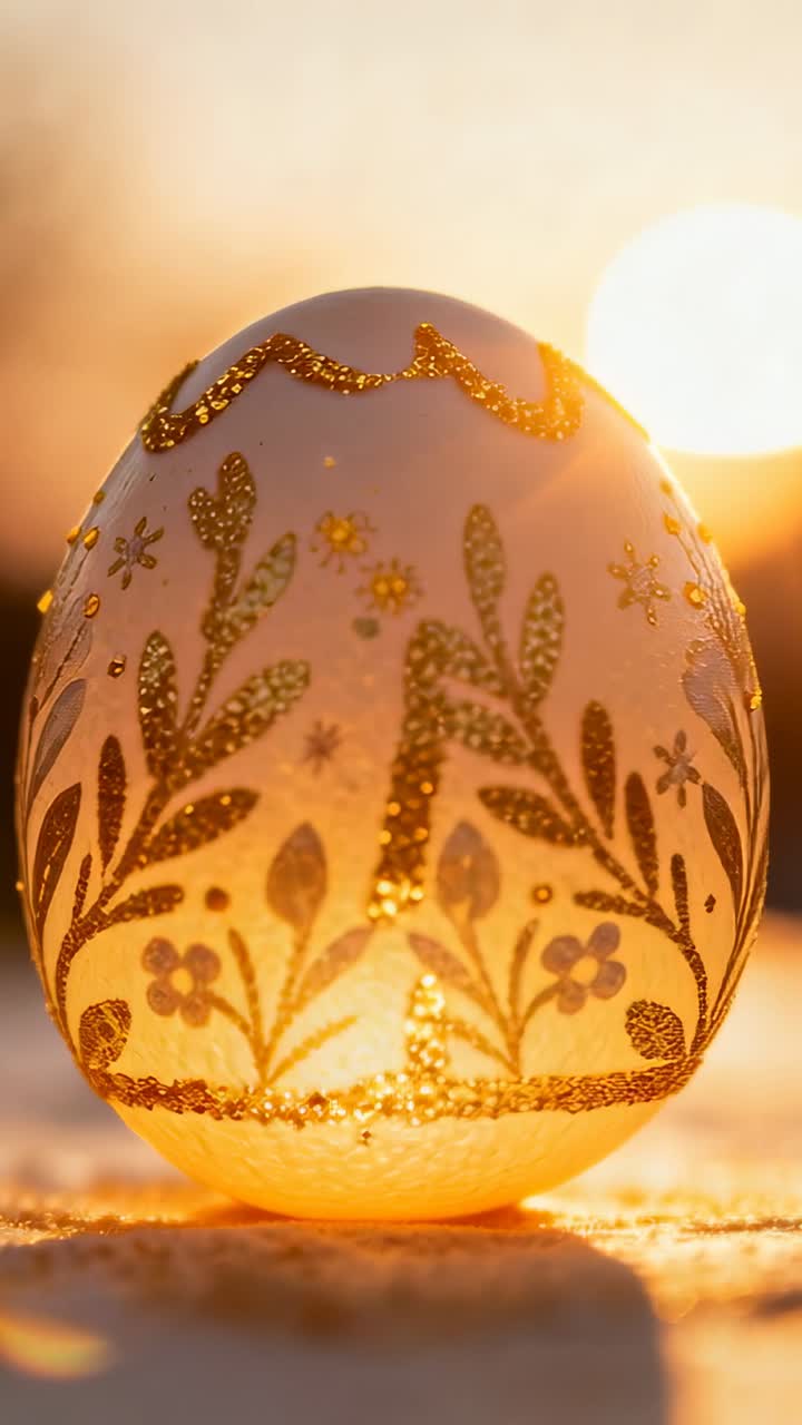 Vertical video: Shifting sunlight behind egg at sunset, revealing gold floral glitter motifs