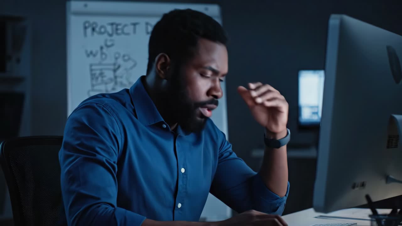 Man working late at night in the office