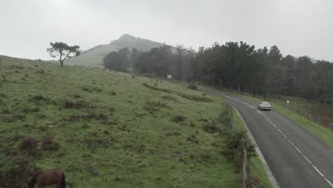 Vintage-car-driving-along-road-crossing-rural-landscape-on-misty-day,-Jaizkibel,-Spanish-Pyrenees,-Spain