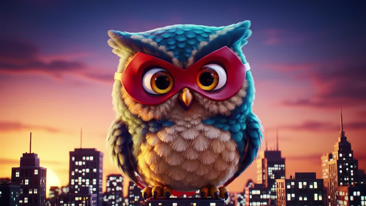 A Vibrant, Cartoonish Owl Hero with a Red Mask Soars Over a City Skyline at Dusk, Combining Playful Design with an Adventurous Spirit in a Colorful Animation Scene