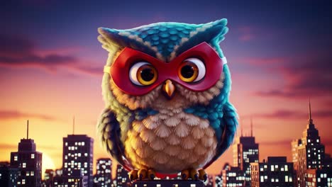 a vibrant, cartoonish owl hero with a red mask soars over a city skyline at dusk, combining playful design with an adventurous spirit in a colorful animation scene