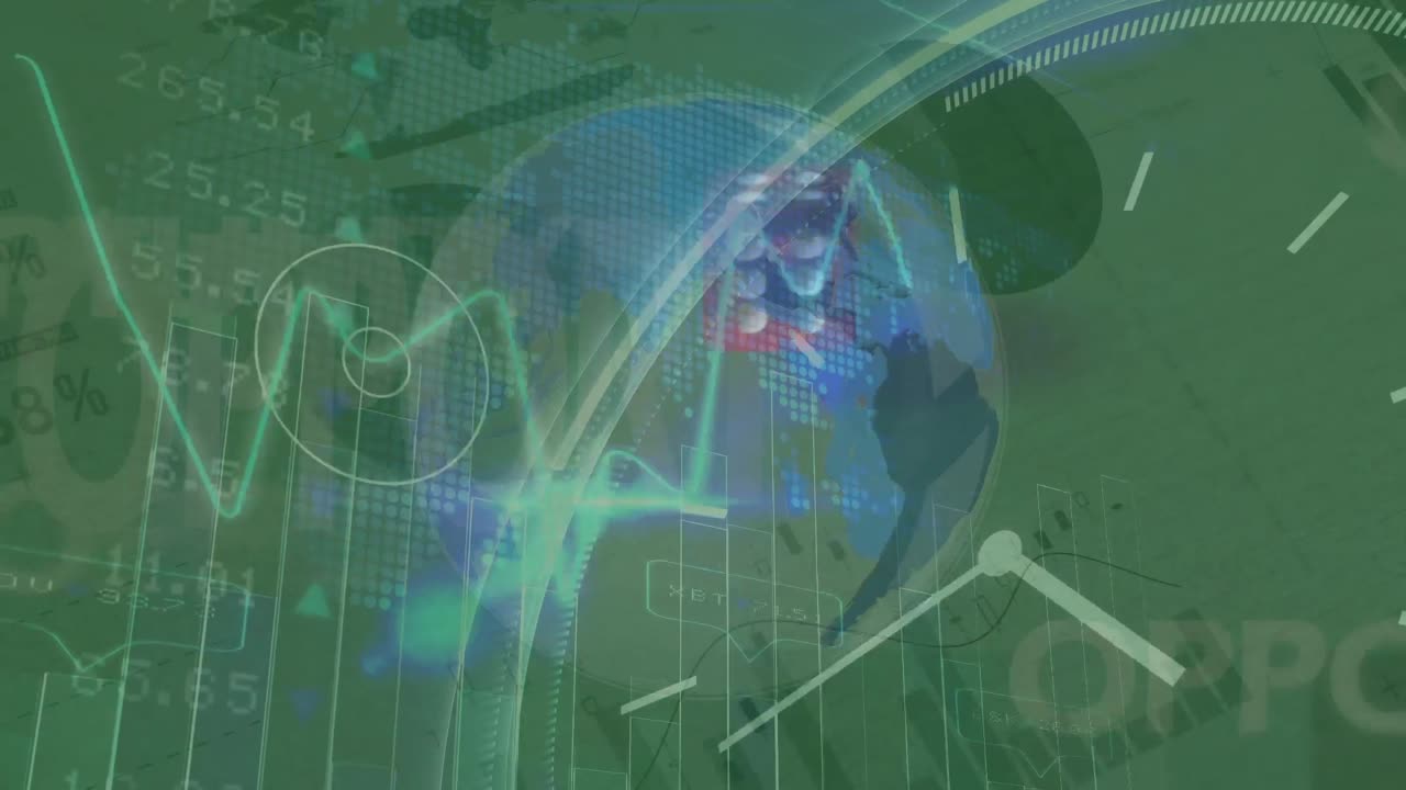 animación del procesamiento de datos financieros sobre el globo y los dados rojos