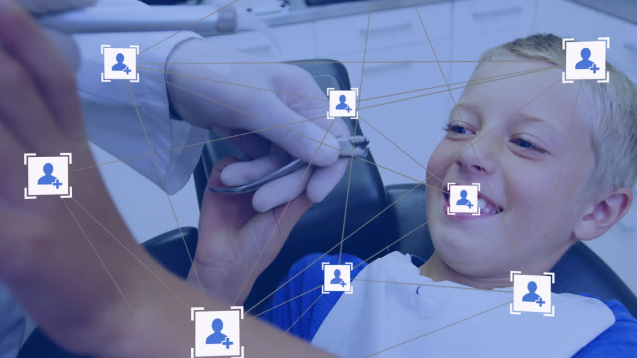 animación de redes de conexiones con iconos sobre un niño en la silla del dentista