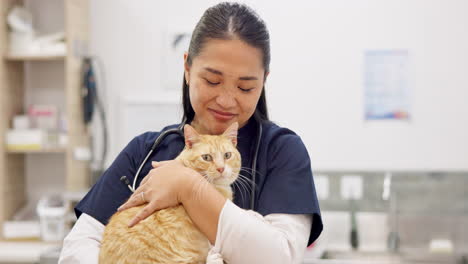 face, veterinary and happy woman with pet cat