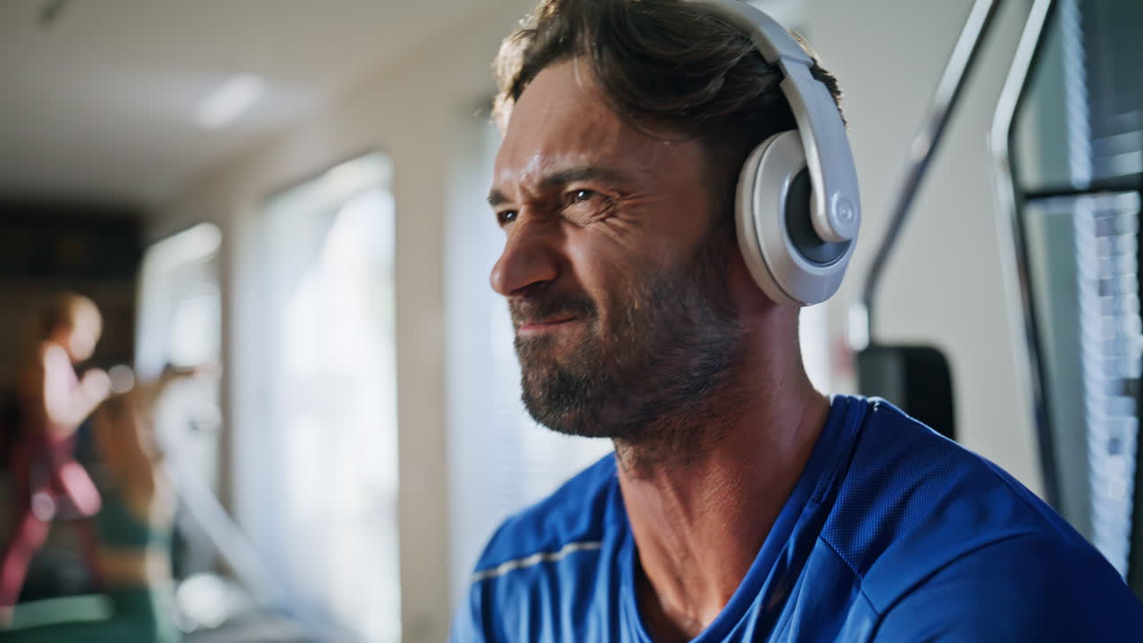 Primo piano di un uomo muscoloso che si allena con i pesi in palestra ascoltando musica in cuffia