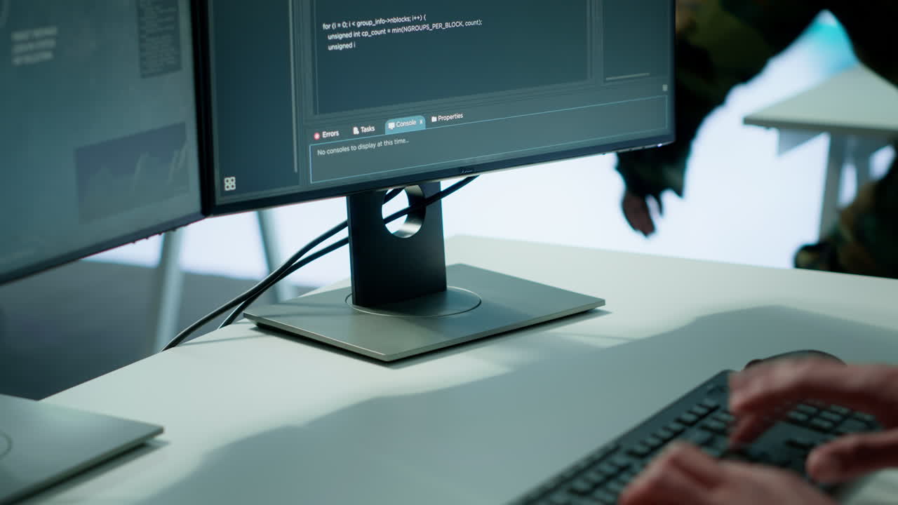 미션 컨트롤 센터의 군사 전문가들은 현대적인 기술을 사용합니다.